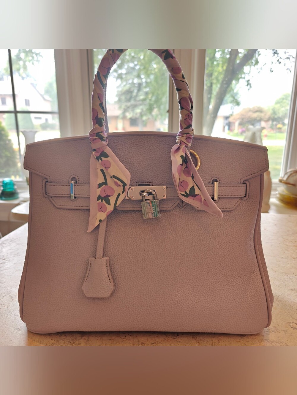 Lilac Top Handle Tote with Floral Scarf and Plush Charm